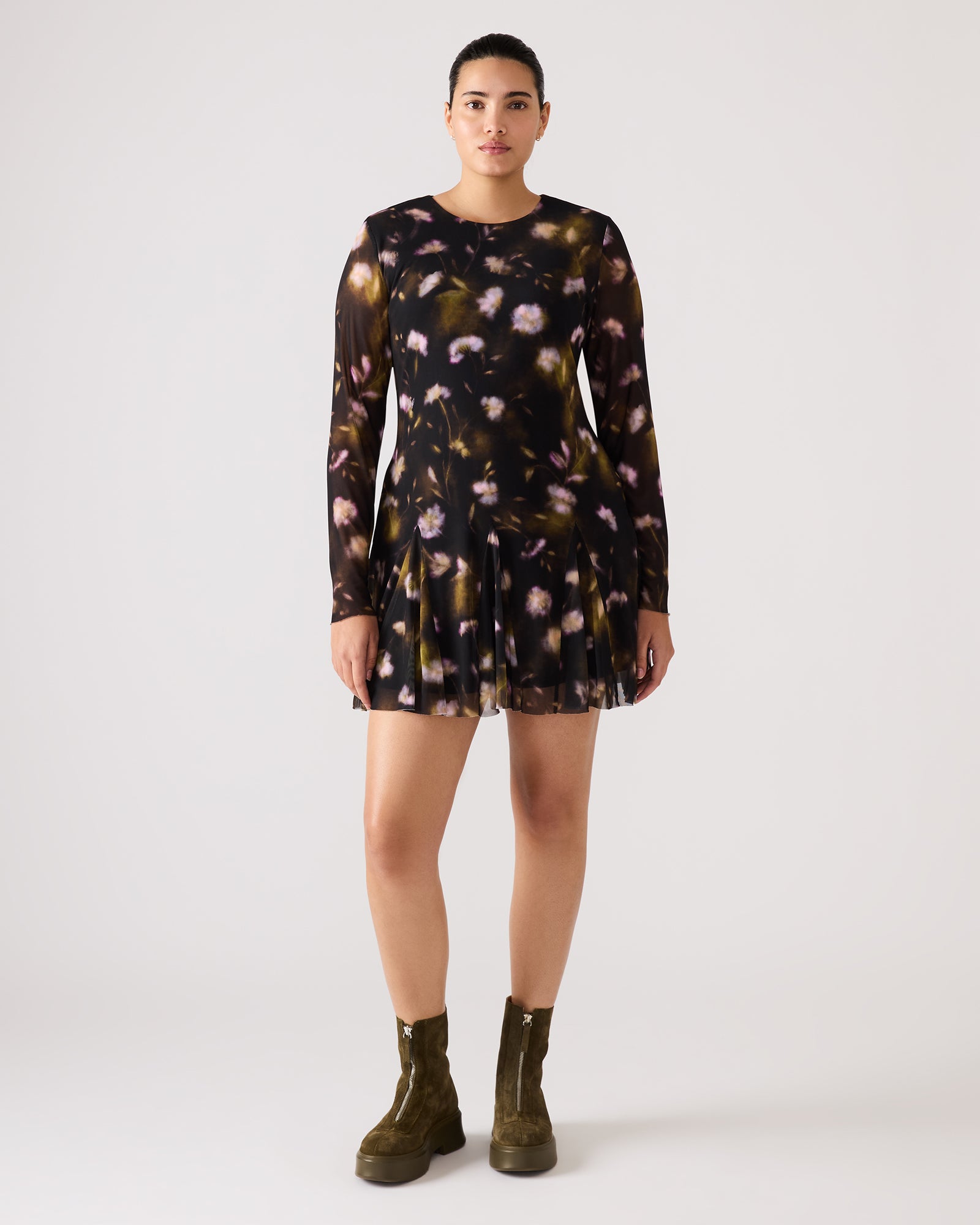 Steve Madden Women's Bliss Long-Sleeve Fit-and-Flare Dress - Black Ditsy Floral - Size XL Steve Madden Women's Bliss Long-Sleeve Fit-and-Flare Dress - Black Ditsy Floral - Size XL