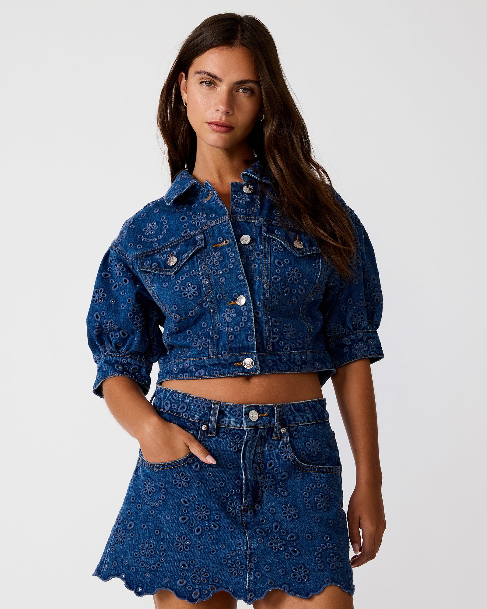 SERAFINA Blue Depths Eyelet Button-Up Denim Women's Jacket – Steve