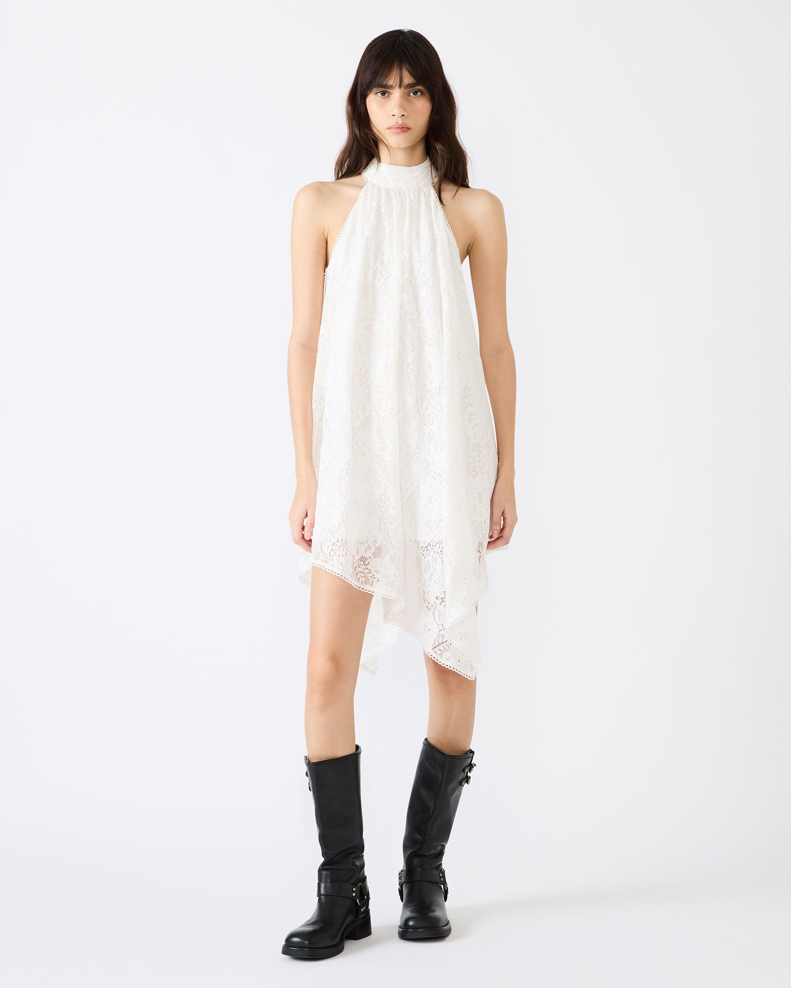 SANDER Cream Asymmetrical High-Neckline Lace Women's Mini Dress Steve Madden SANDER Cream Asymmetrical High-Neckline Lace Women's Mini Dress Steve Madden