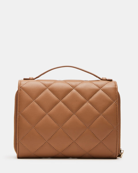 Camel Designer Strap Quilted Crossbody Faux Leather Bag