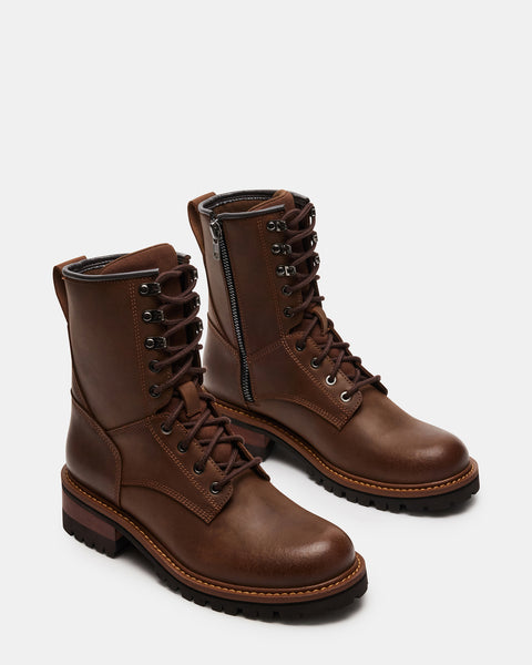 DREVAN Brown Leather Lug Sole Combat Boot | Men's Boots – Steve Madden