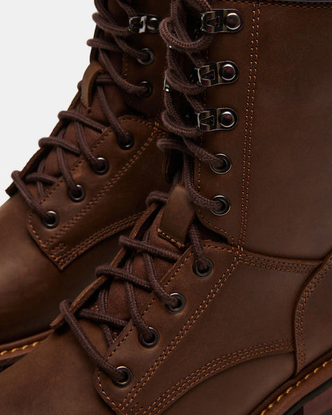 DREVAN Brown Leather Lug Sole Combat Boot | Men's Boots – Steve Madden