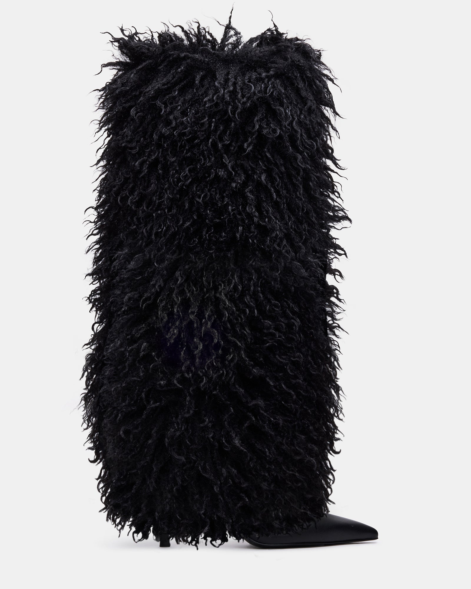ICON Black Pointed-Toe Faux Fur Knee-High Stiletto Heel Women's Boot