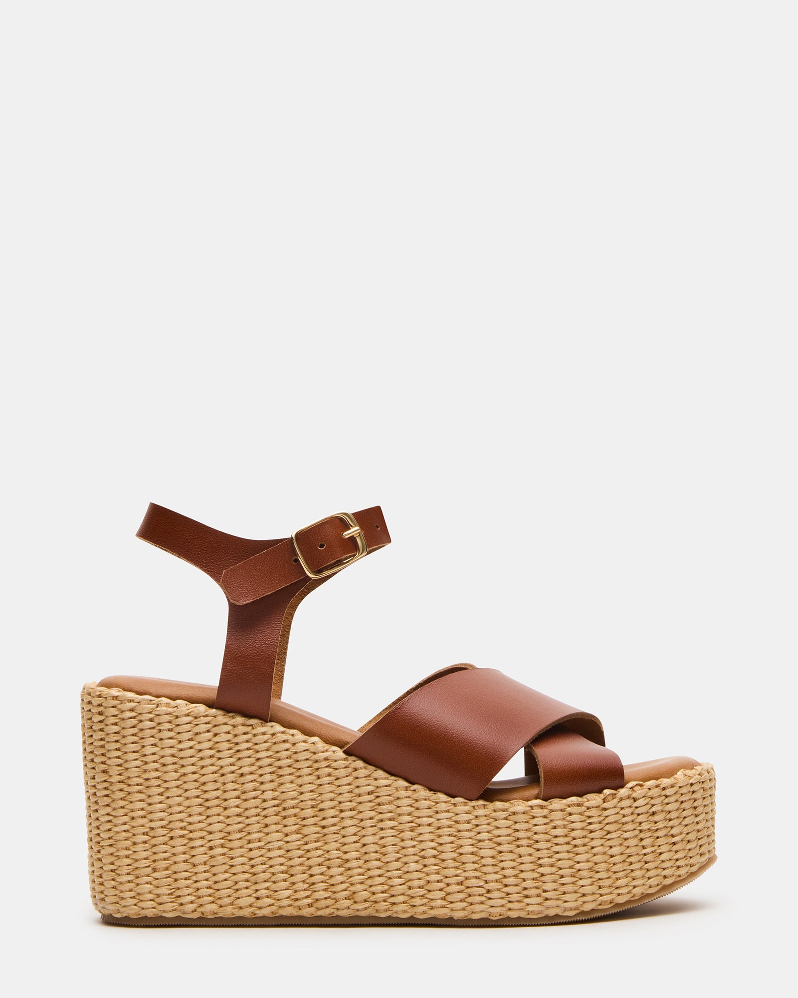 マイ・ファニー・レディ('14米) JETSET Cognac Leather Raffia Platform Wedge Women's Sandal – Steve