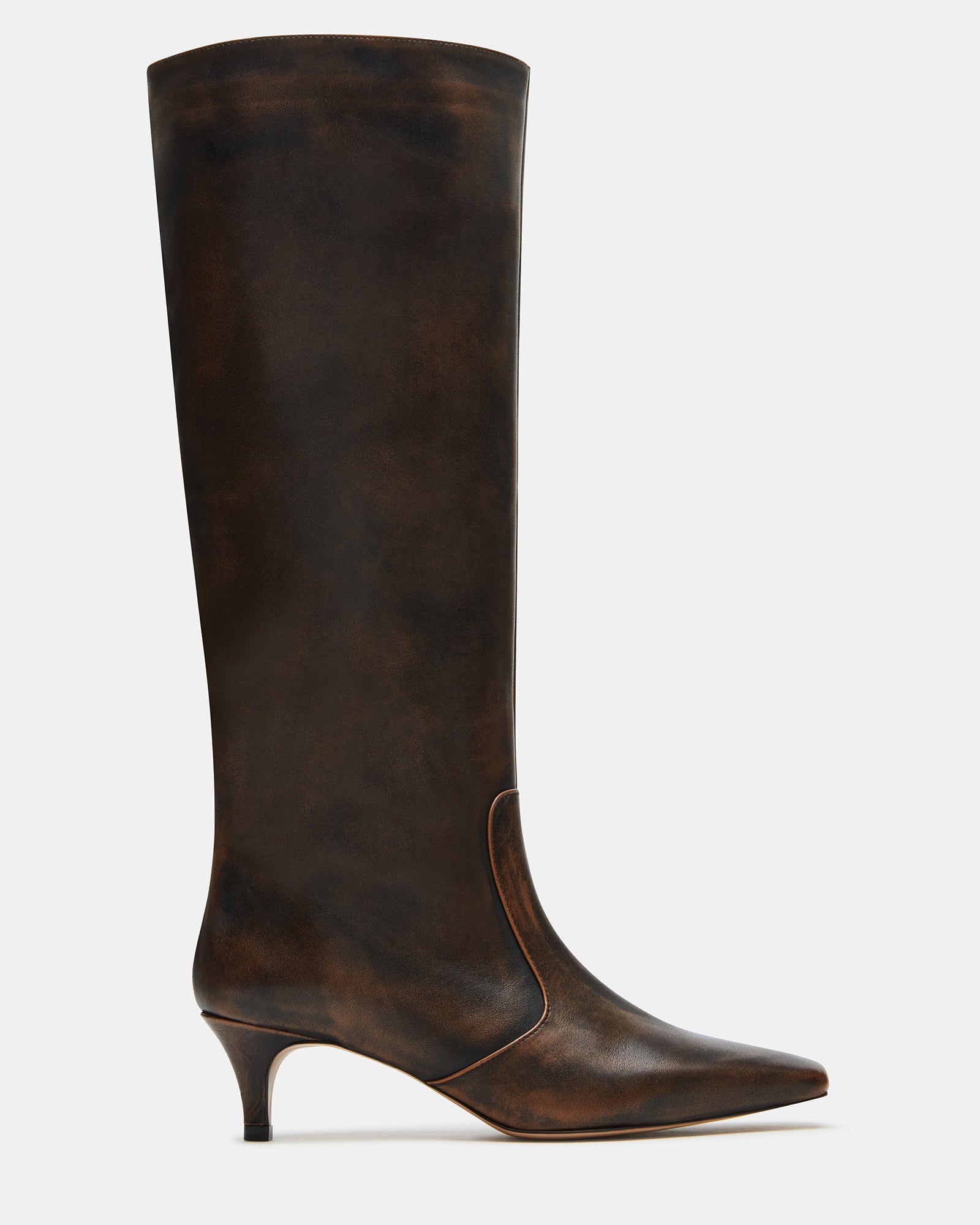 LANDER Brown Distressed Knee-High Kitten Heel Boot | Women’s Boots