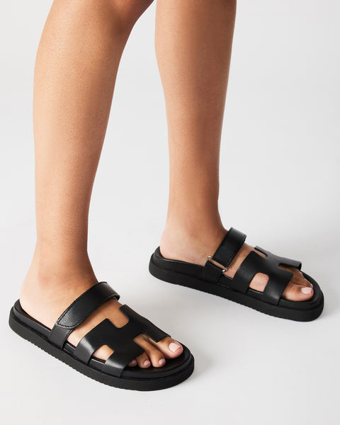MAYVEN Black Leather Flatform Slide Sandal   Women's Sandals