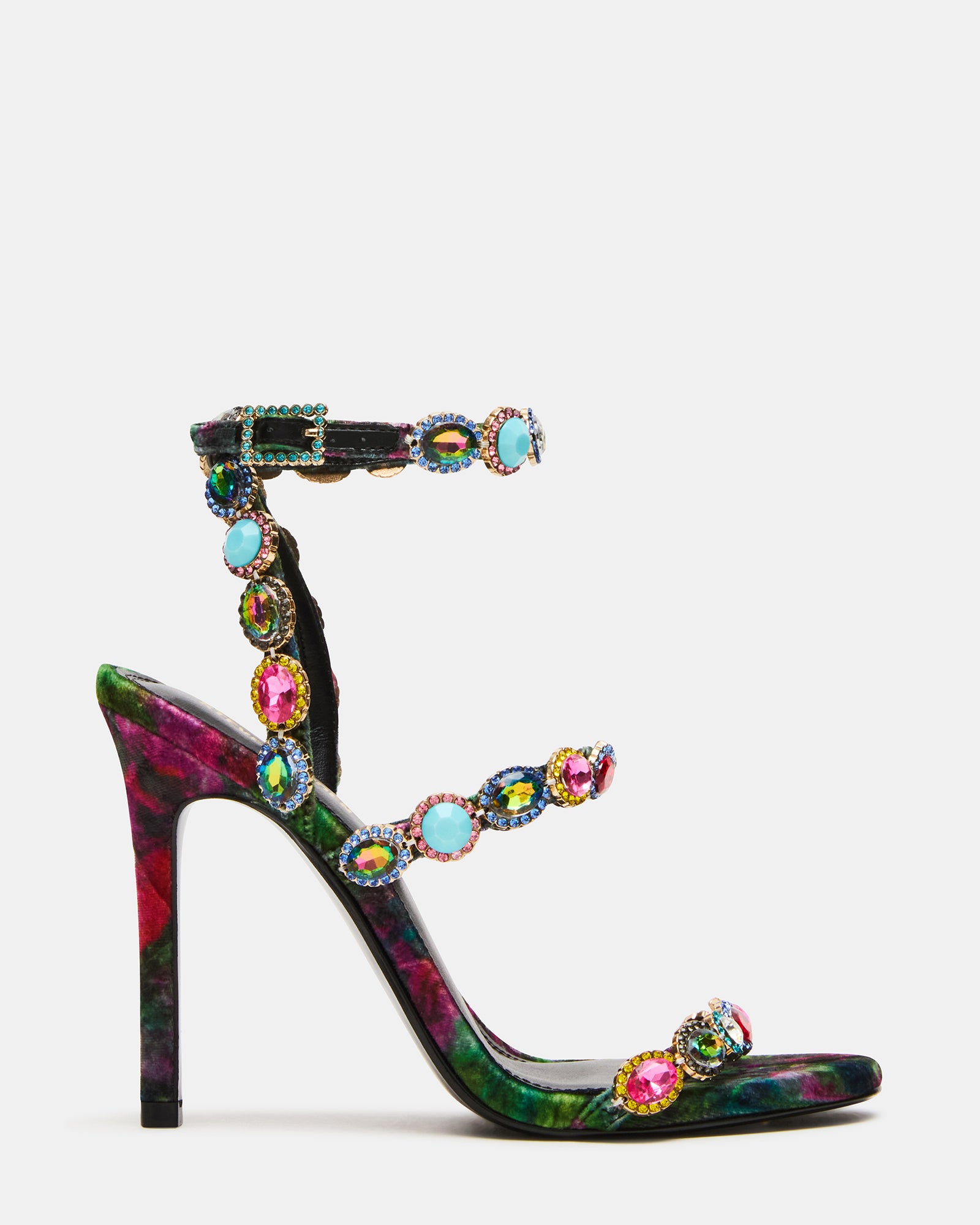 TAMALA Multi Velvet Stone Round Open Toe Ankle Strap Women's Heel