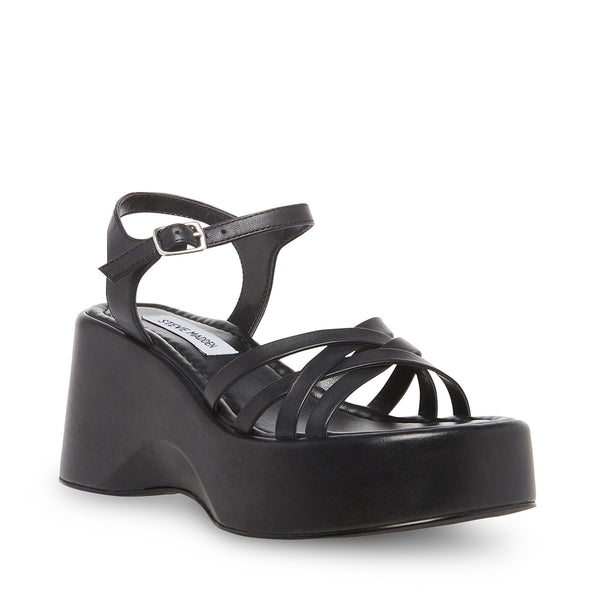 CRAZY30 Black Leather Strappy Wedge Sandal | Women's Sandals – Steve Madden