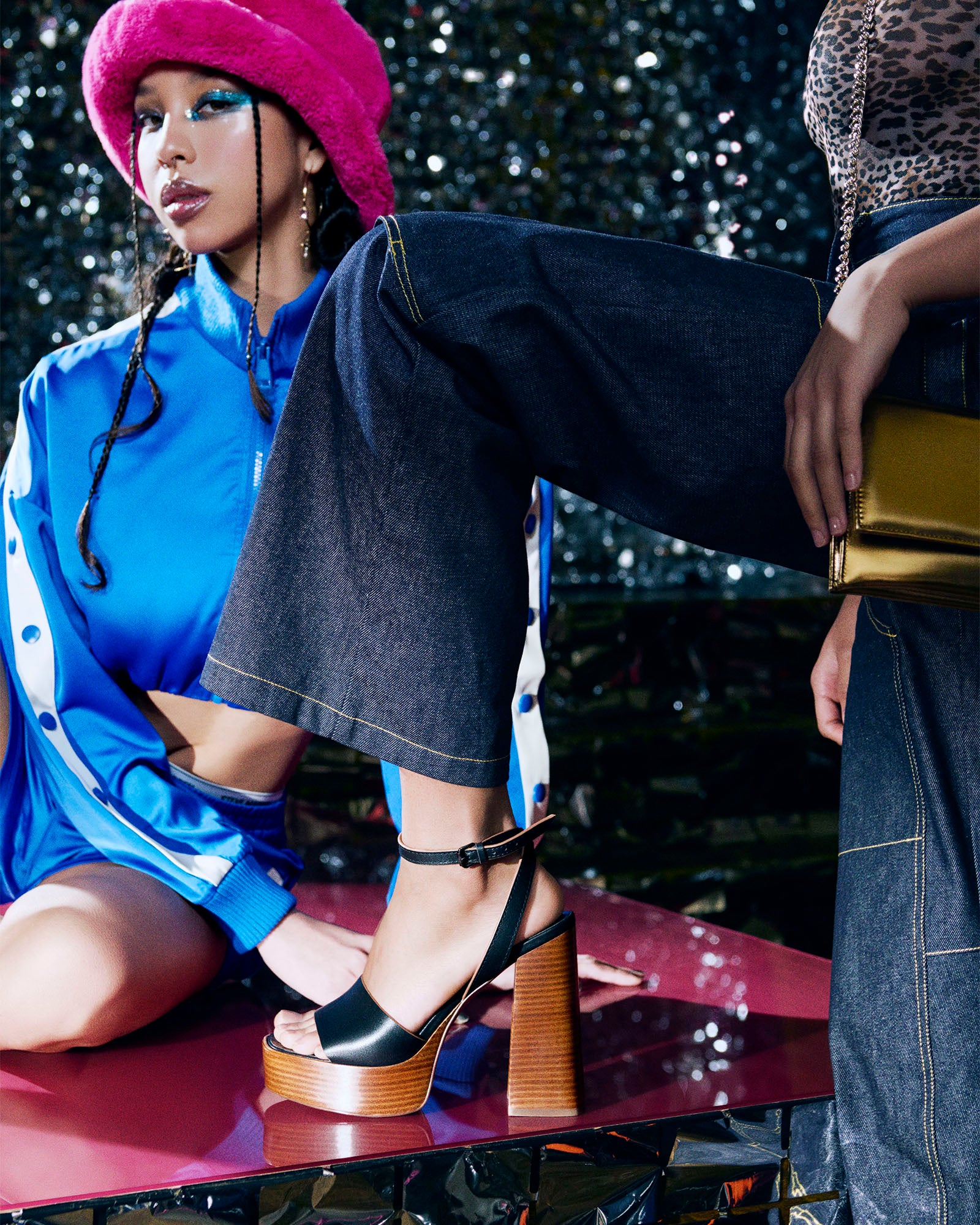 FLORIA Black Leather Women's Platform Square-Toe Block Heel