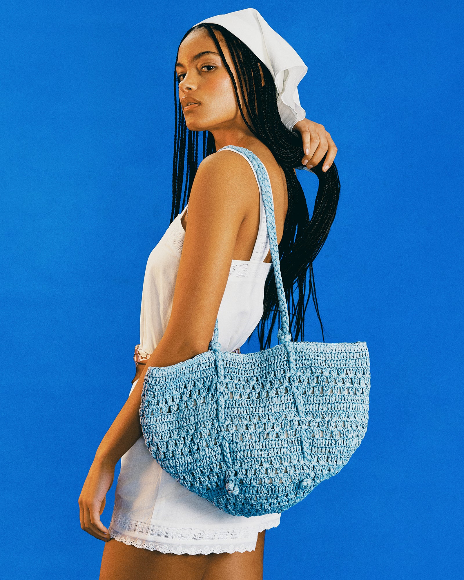 TYDES Bag Blue Boho Straw Shoulder Strap Tote Handbag 
