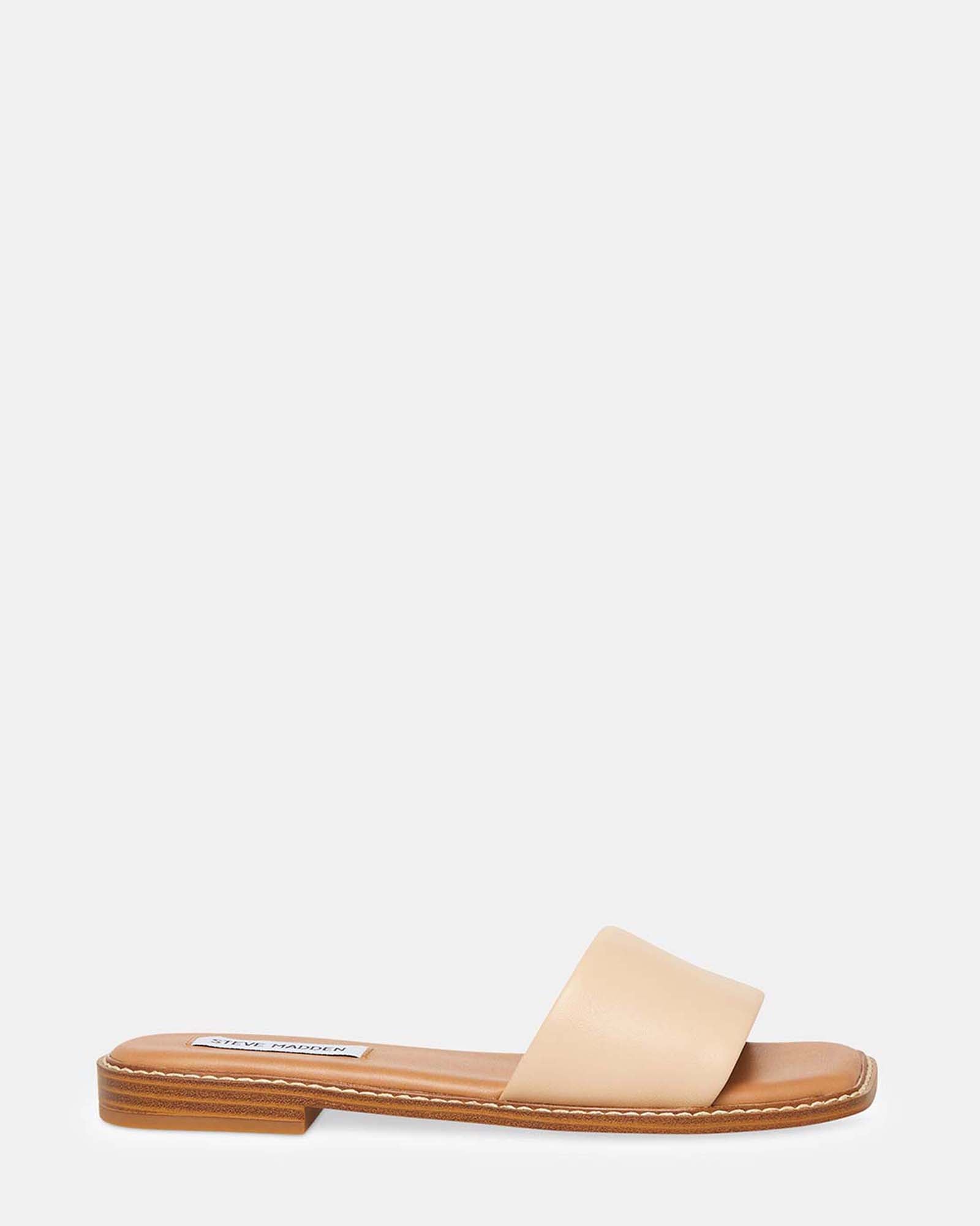 SANDRA Tan Leather Square Toe Slide Sandal | Women's Sandals – Steve Madden
