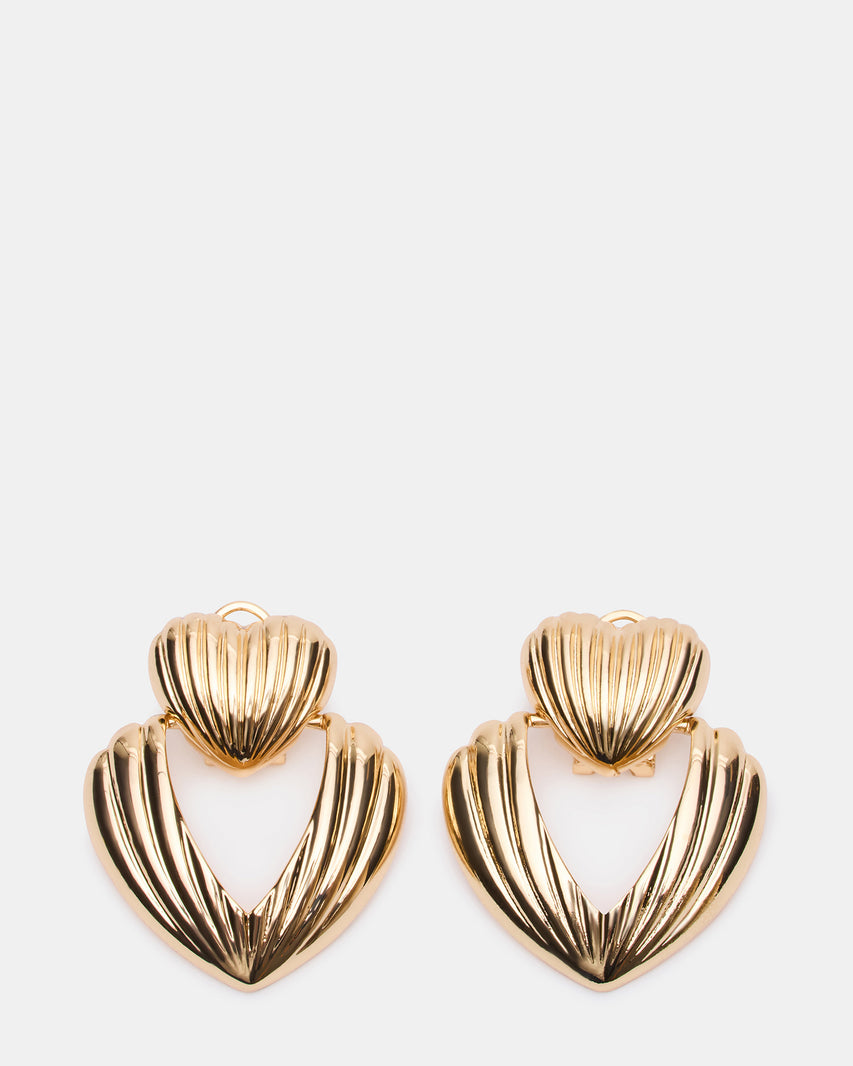 RIBBED DOUBLE HEART EARRINGS GOLD Sculpted Grooved Women's Earrings | Steve Madden