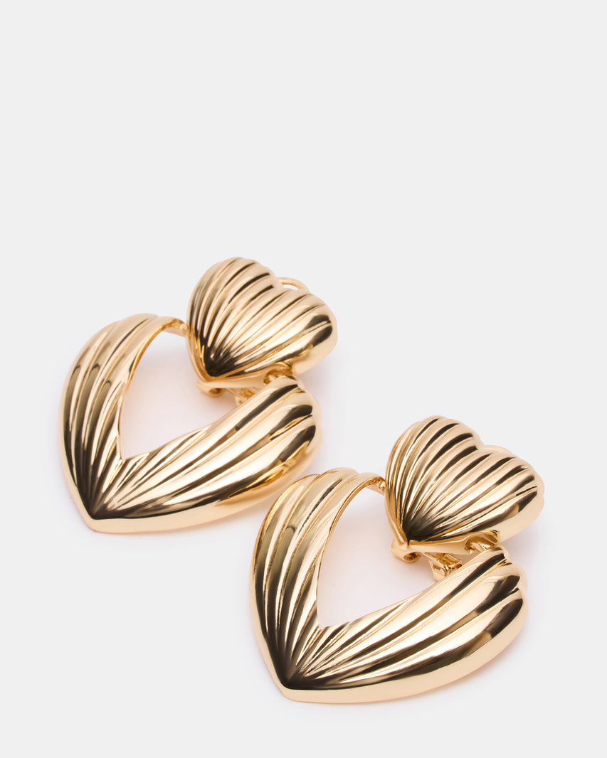 RIBBED DOUBLE HEART EARRINGS GOLD - view 2