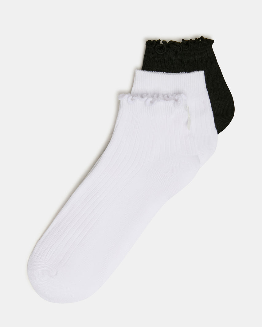 3 PACK EMMA LETTUCE EDGE SOCKS WHITE/BLACK Women's Anklet Socks | Steve Madden