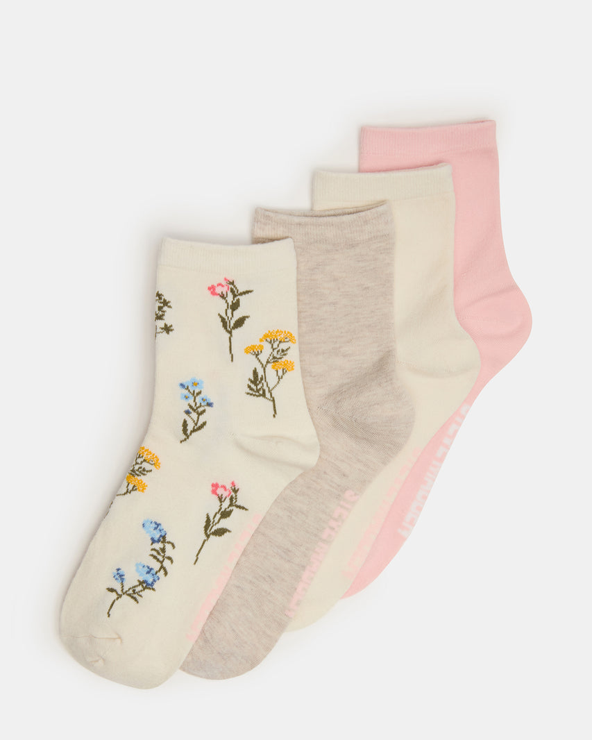 4 BLOOM PACK FLOWER SOCKS IVORY MULTI Women's Anklet Socks | Steve Madden