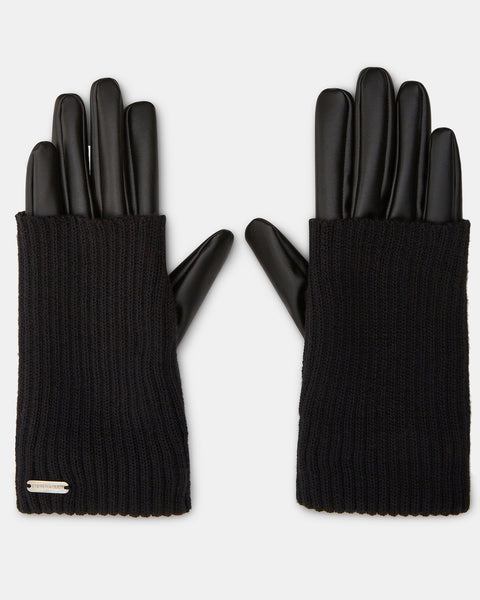 FAUX LEATHER KNIT CUFF GLOVES BLACK