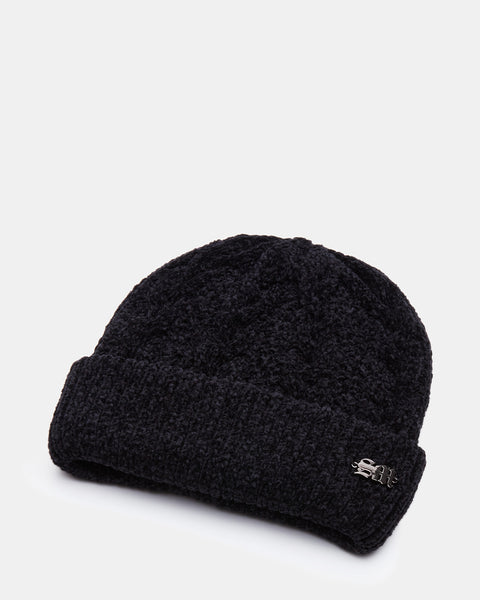 CHENILLE CABLE KNIT BEANIE BLACK
