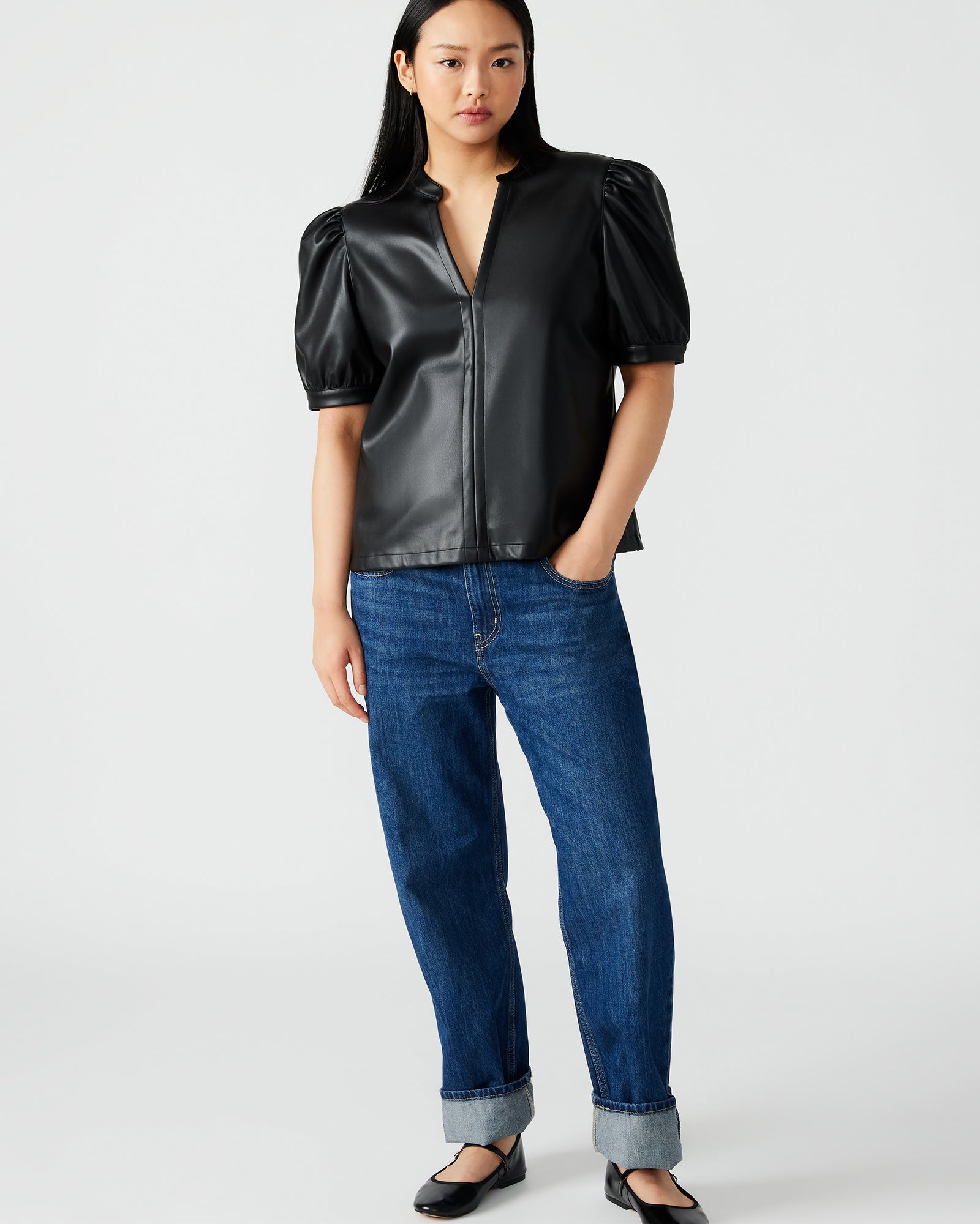 JANE Top Black | Women's Short Sleeve Faux Leather Top – Steve Madden