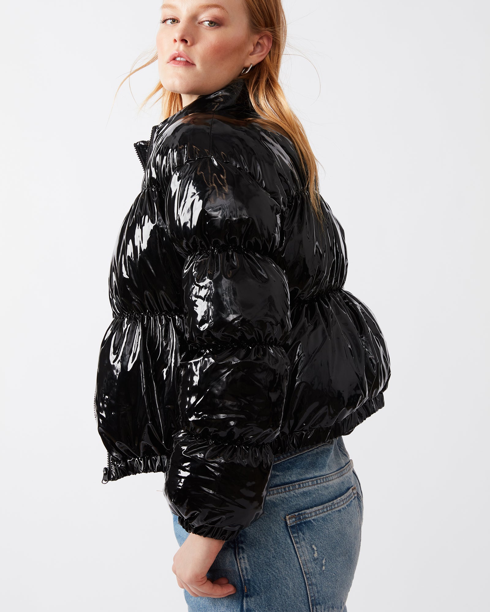 ELLY Jacket Black | Women's Vinyl Puffer Jacket – Steve Madden