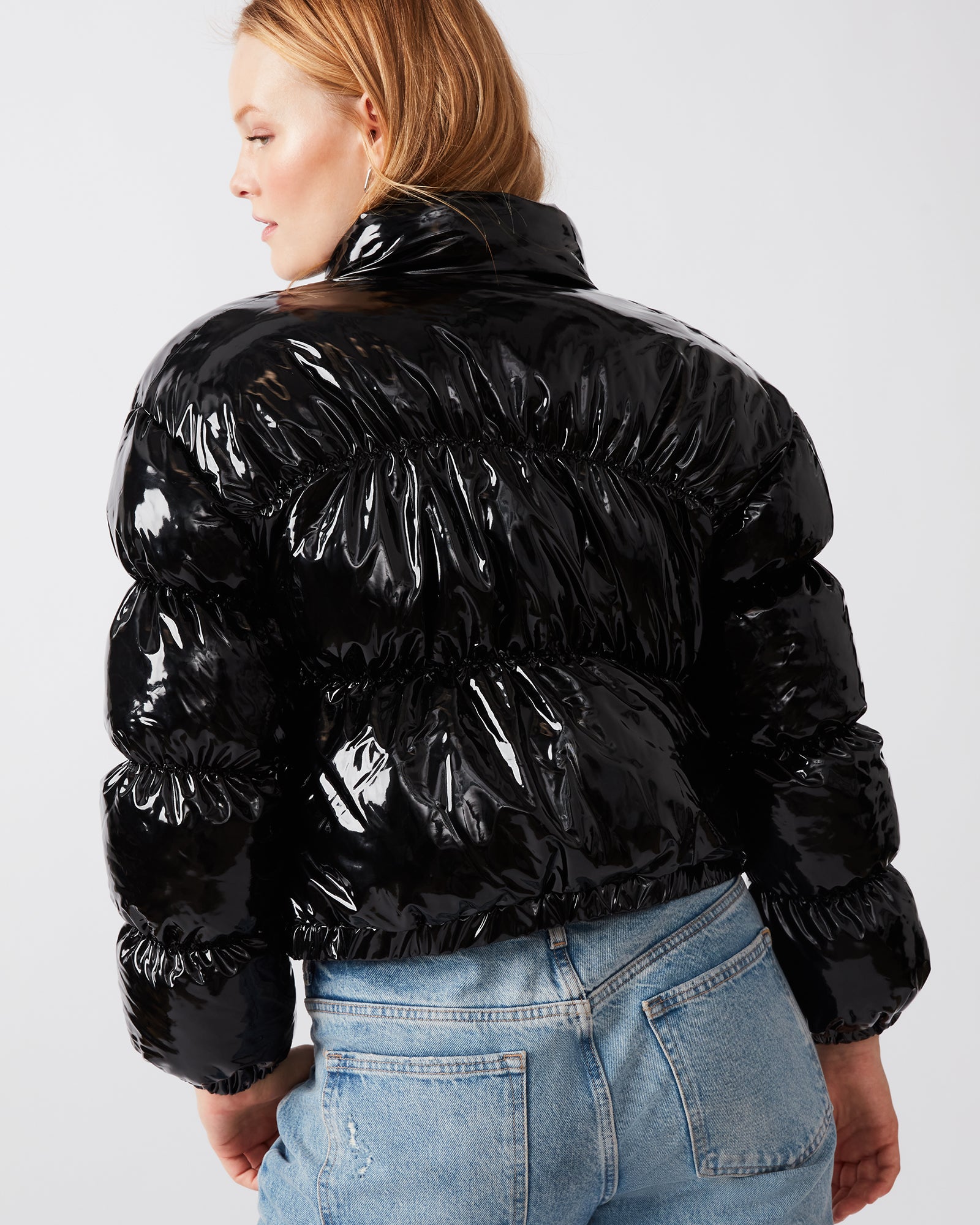 ELLY Jacket Black | Women's Vinyl Puffer Jacket – Steve Madden