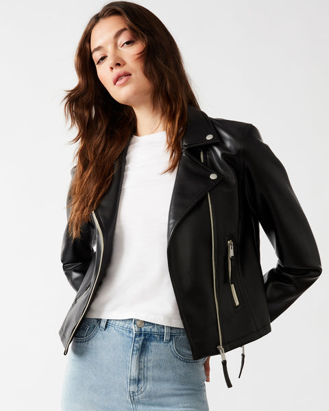 VINKA Jacket Black | Women's Faux Leather Biker Jacket – Steve Madden
