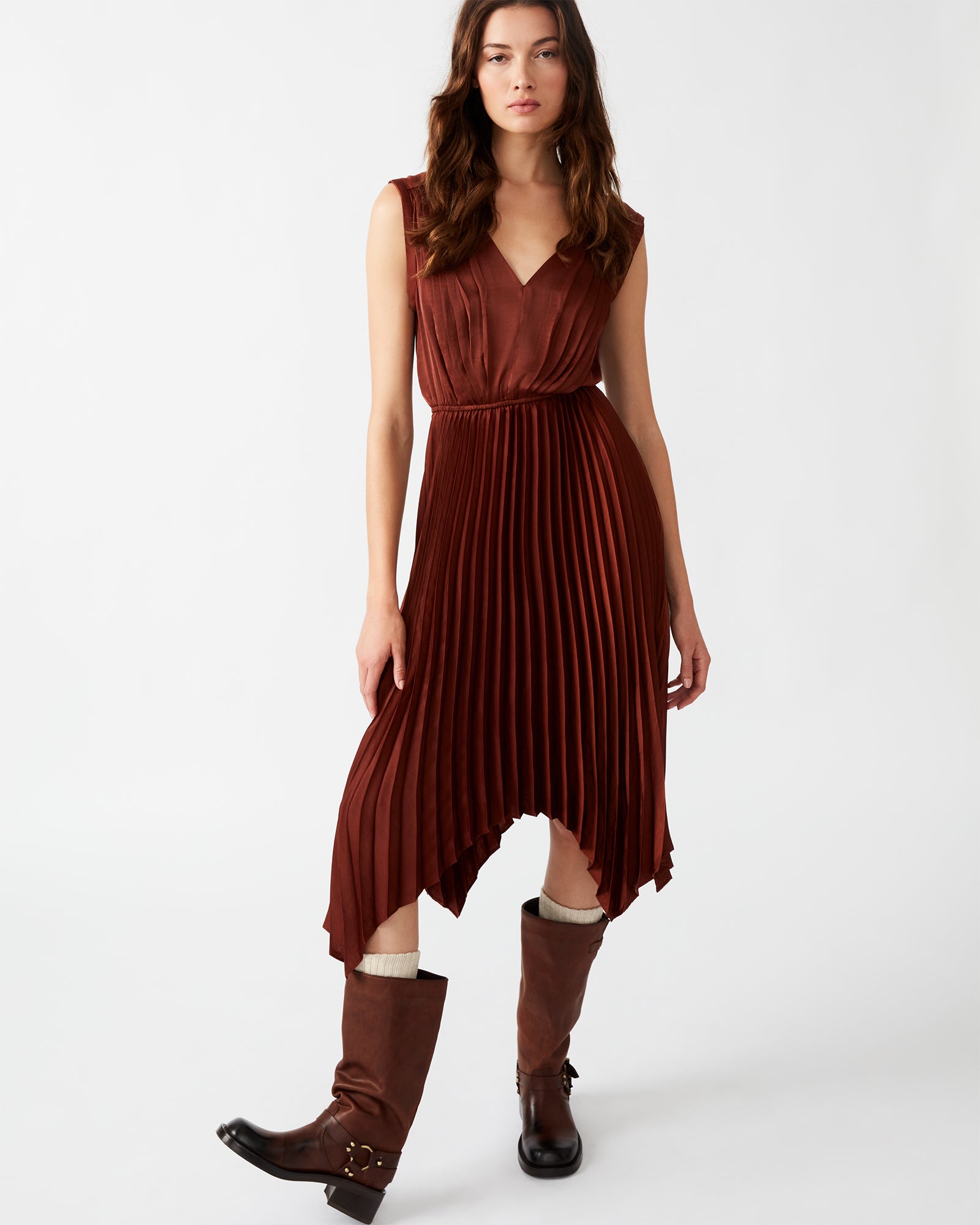 DONNA Dress Brown | V-Neck Pleated Midi Dress – Steve Madden