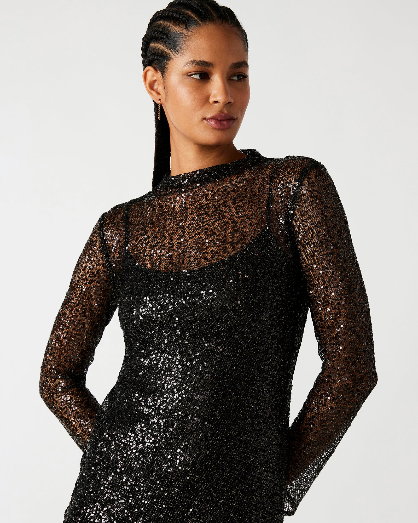 BLAKELY Dress Black | Women's Sequin Mesh Midi Dress – Steve Madden