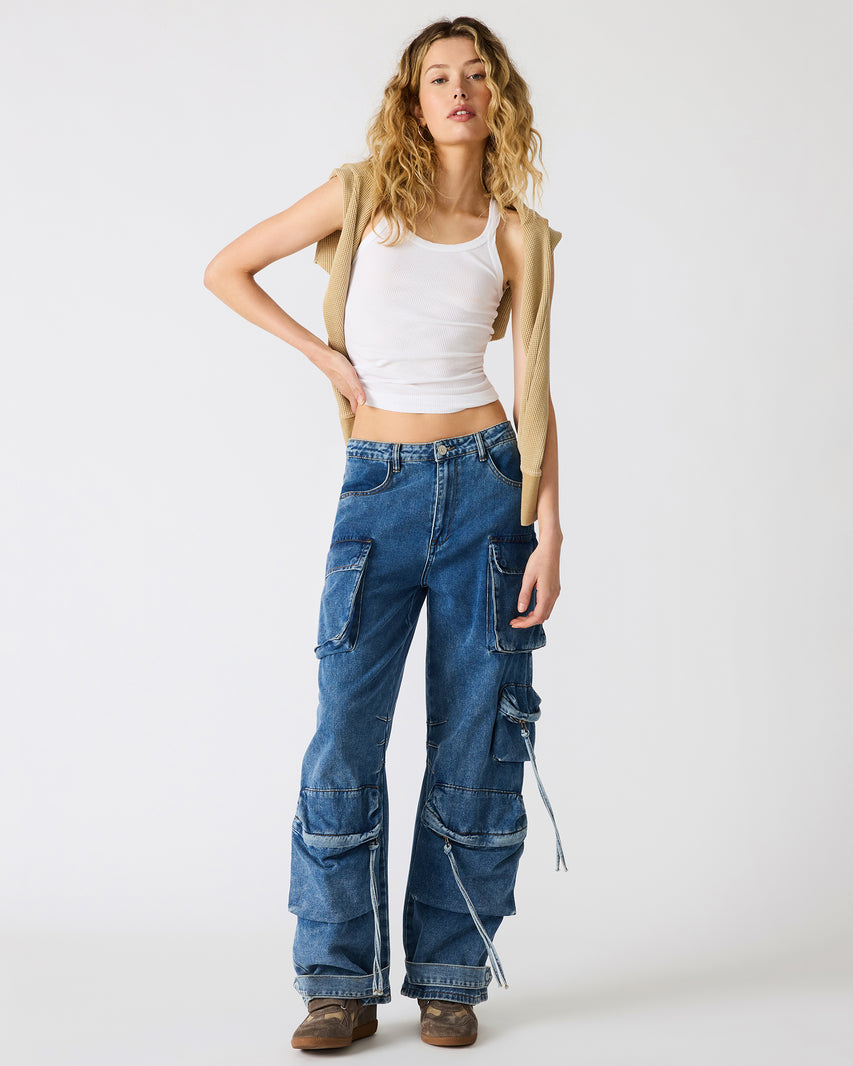 DUO Medium Denim Women's Utility Cargo Pants | Steve Madden