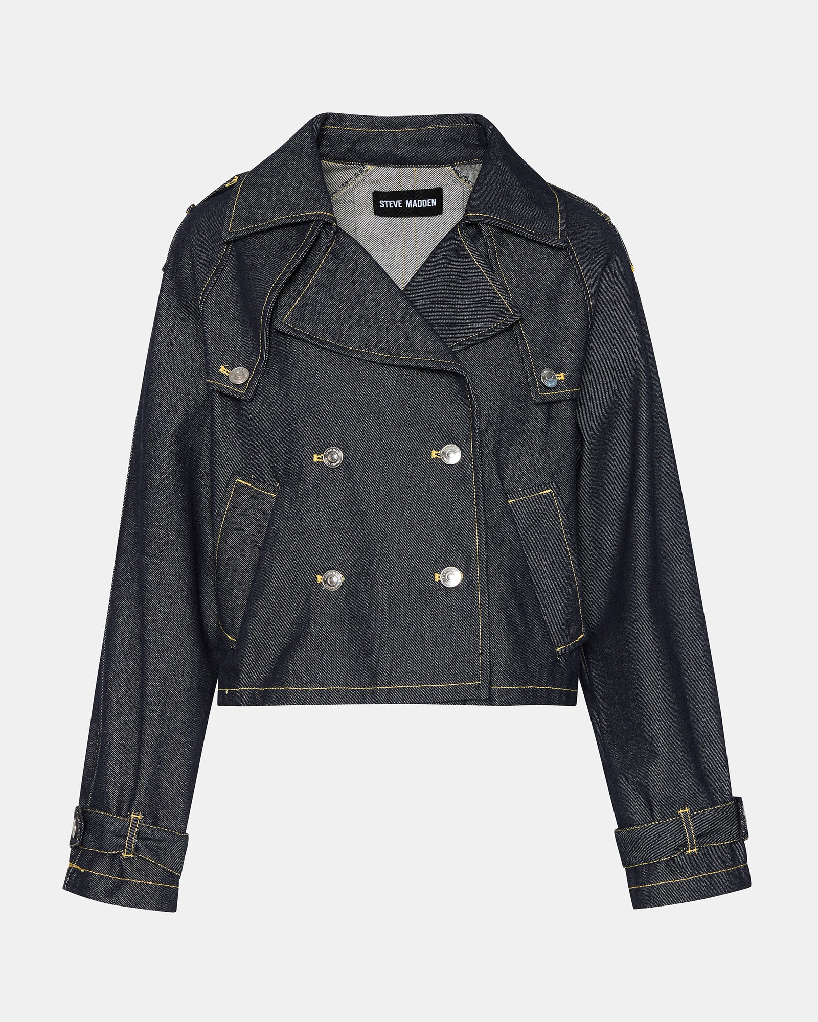 Steve Madden Women's Sirus Denim Jacket Long Sleeve Cropped Jackets & Coats - Indigo - Size XL Steve Madden Women's Sirus Denim Jacket Long Sleeve Cropped Jackets & Coats - Indigo - Size XL