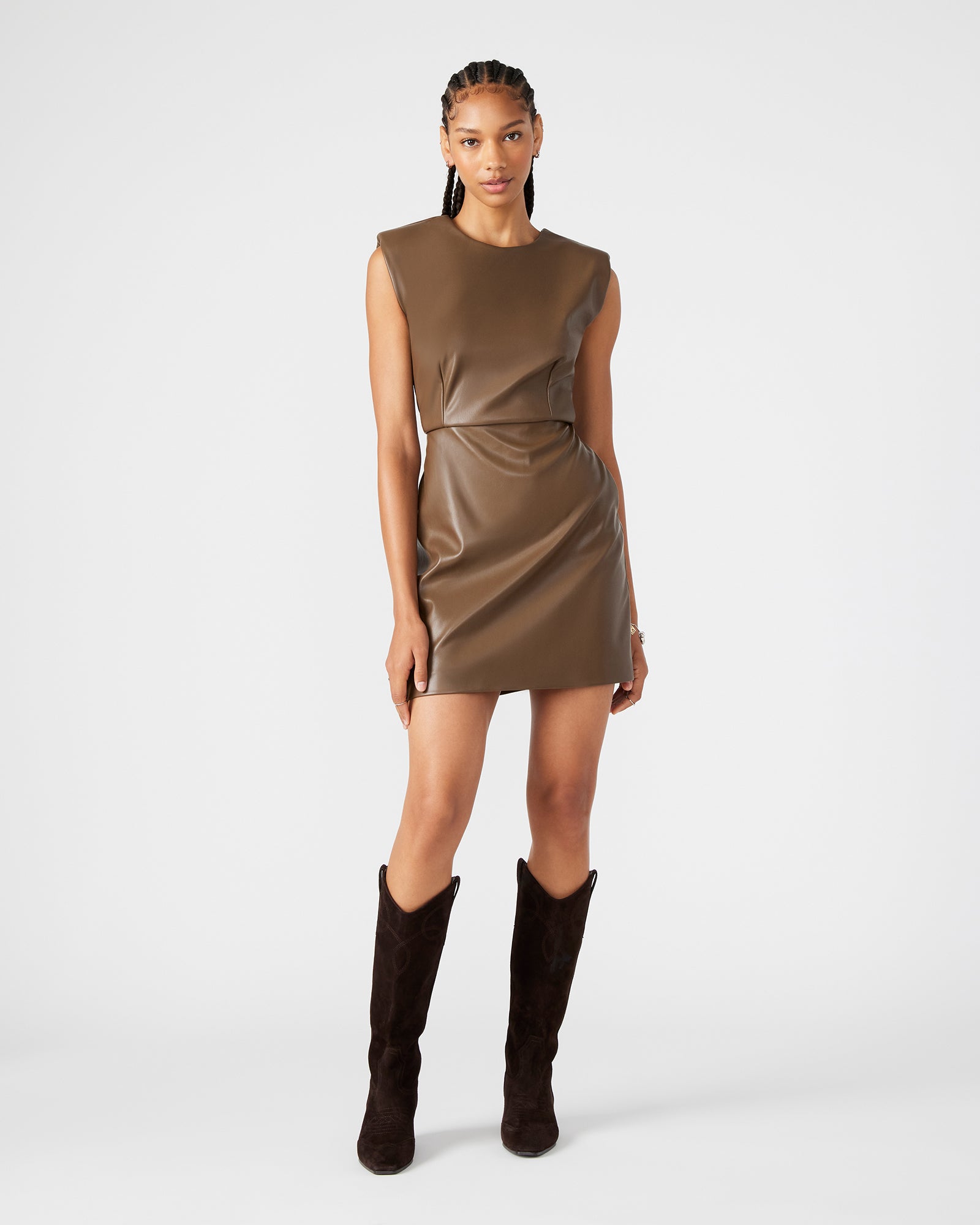 Steve Madden Women's Belen Dress Sleeveless Faux Leather Dresses - Brown