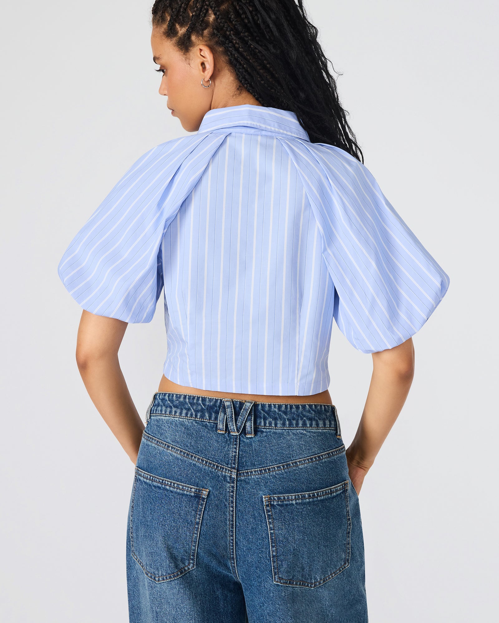 REECE Soft Blue Button-Up Collared Bubble Sleeve Women's Top – Steve Madden