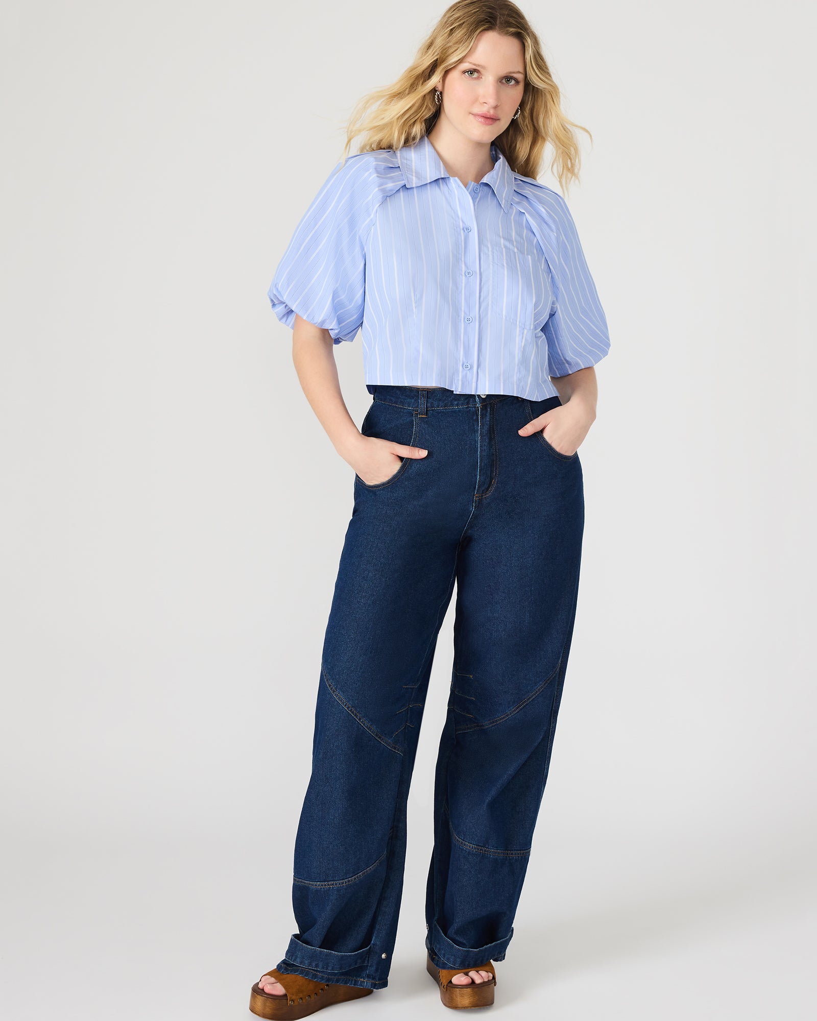 REECE Soft Blue Button-Up Collared Bubble Sleeve Women's Top – Steve Madden