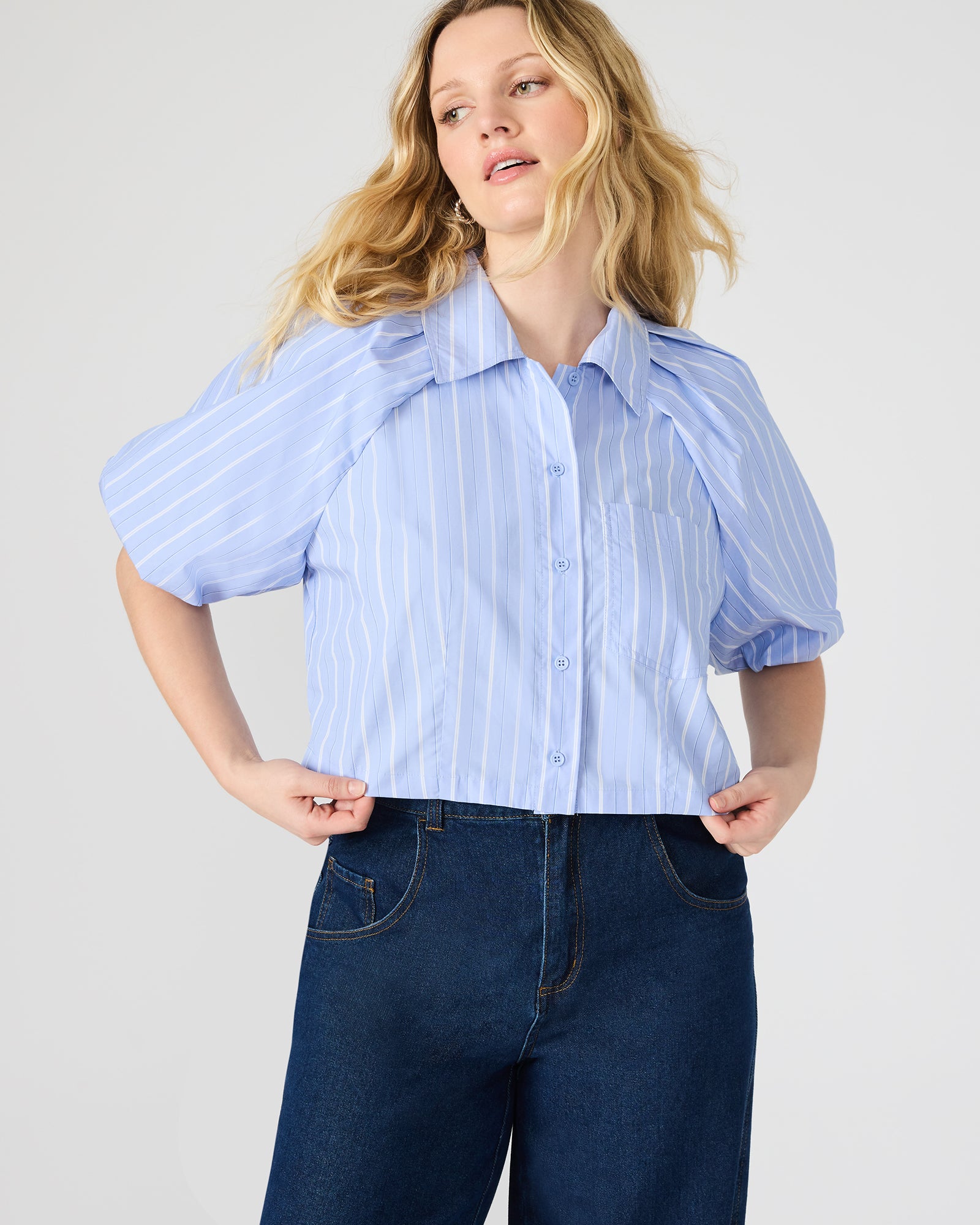 REECE Soft Blue Button-Up Collared Bubble Sleeve Women's Top – Steve Madden
