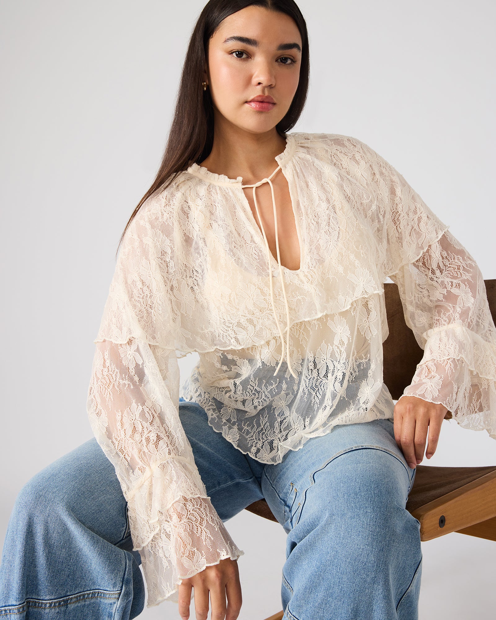 SAYLOR Cream Long-Sleeved Ruffle Mesh Lace Women's Top – Steve Madden