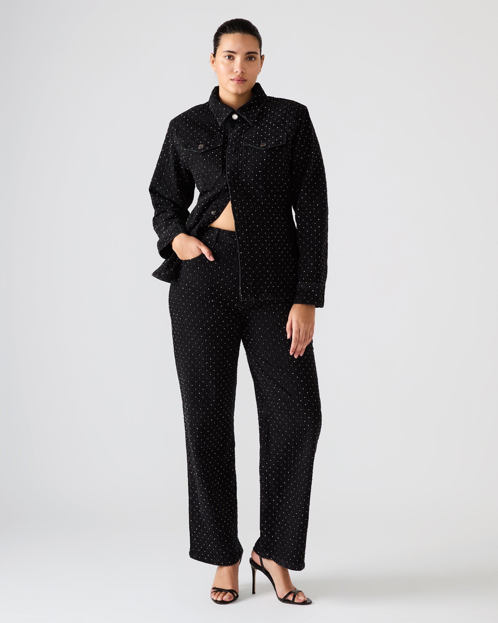 AVALINE Crystal Black Straight-Leg Rhinestone Embellished Denim Women's Jeans | Steve Madden