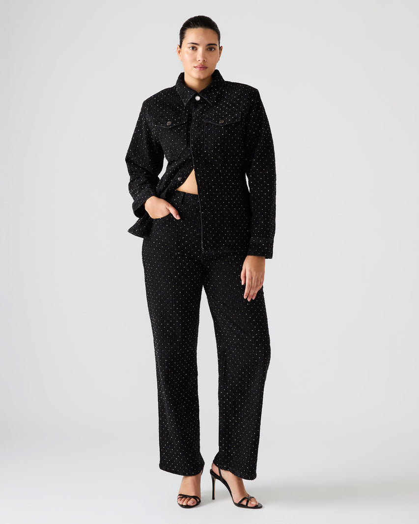 AVALINE Crystal Black Straight-Leg Rhinestone Embellished Denim Women's Jeans | Steve Madden