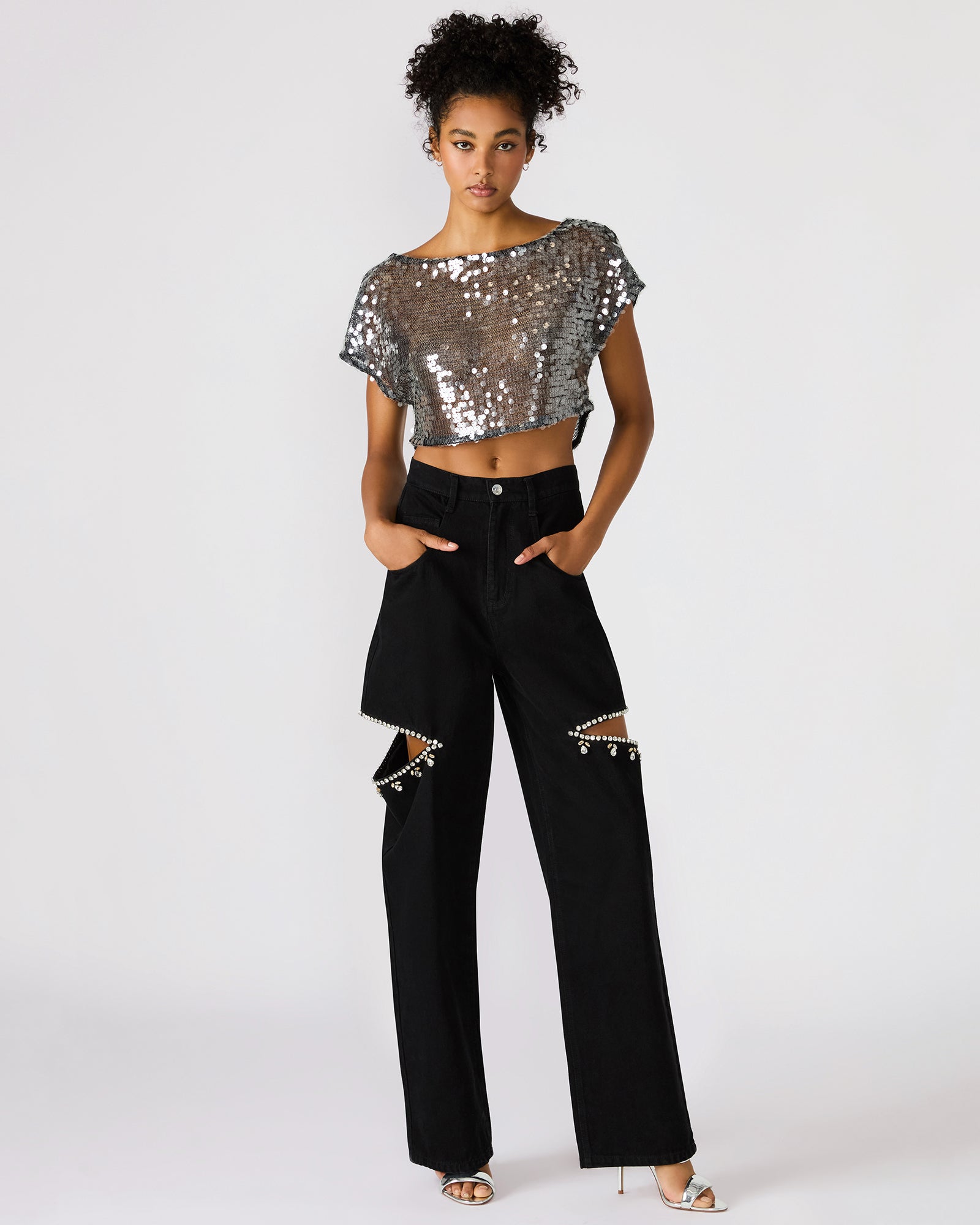 AYLA Black Straight-Leg Rhinestone Embellished Slit Women's Jean | Steve Madden