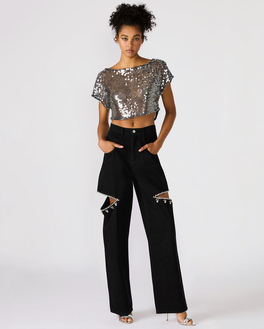 AYLA Black Straight-Leg Rhinestone Embellished Slit Women's Jean | Steve Madden