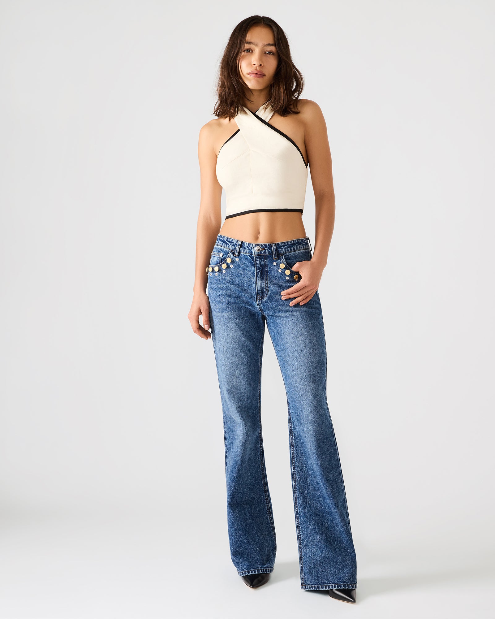 IRYS Dark Navy High-Rise Flare Gold Detail Buttons Women's Jean | Steve Madden