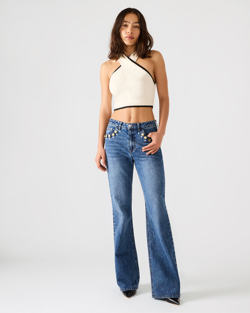 IRYS Dark Navy High-Rise Flare Gold Detail Buttons Women's Jean | Steve Madden