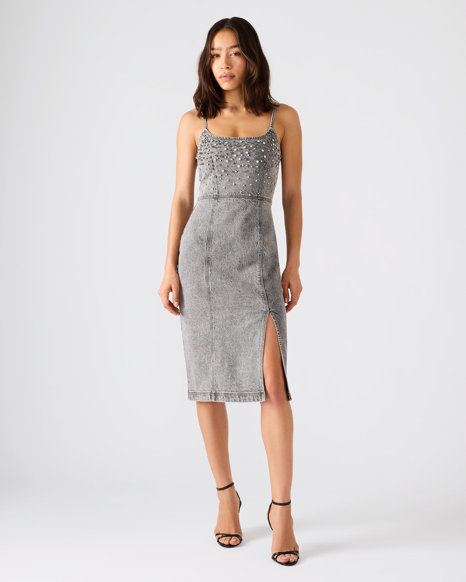 EMBELLISHED GISELLE Fog Denim Midi Women's Dress with Slit – Steve Madden