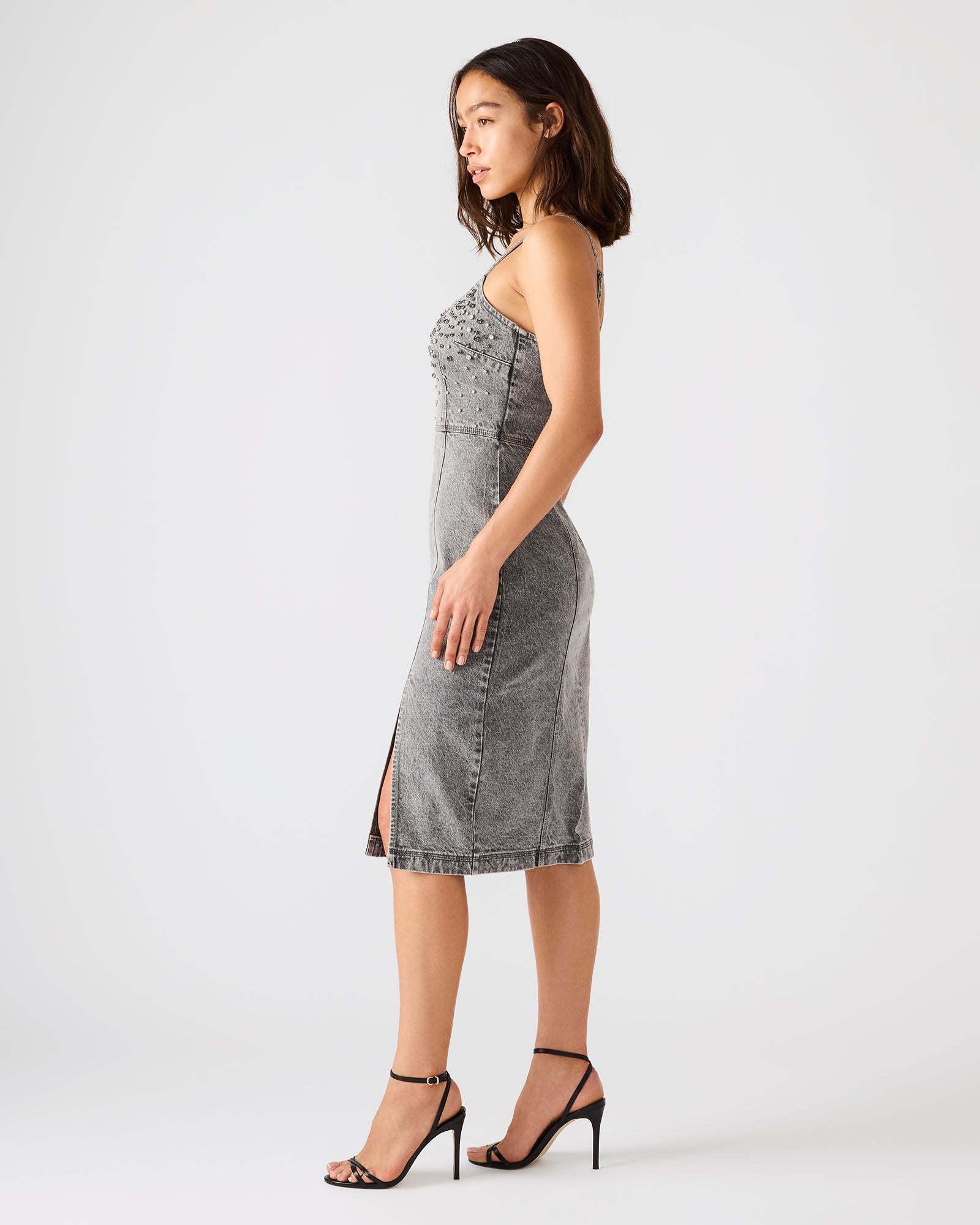 EMBELLISHED GISELLE Fog Denim Midi Women's Dress with Slit – Steve Madden