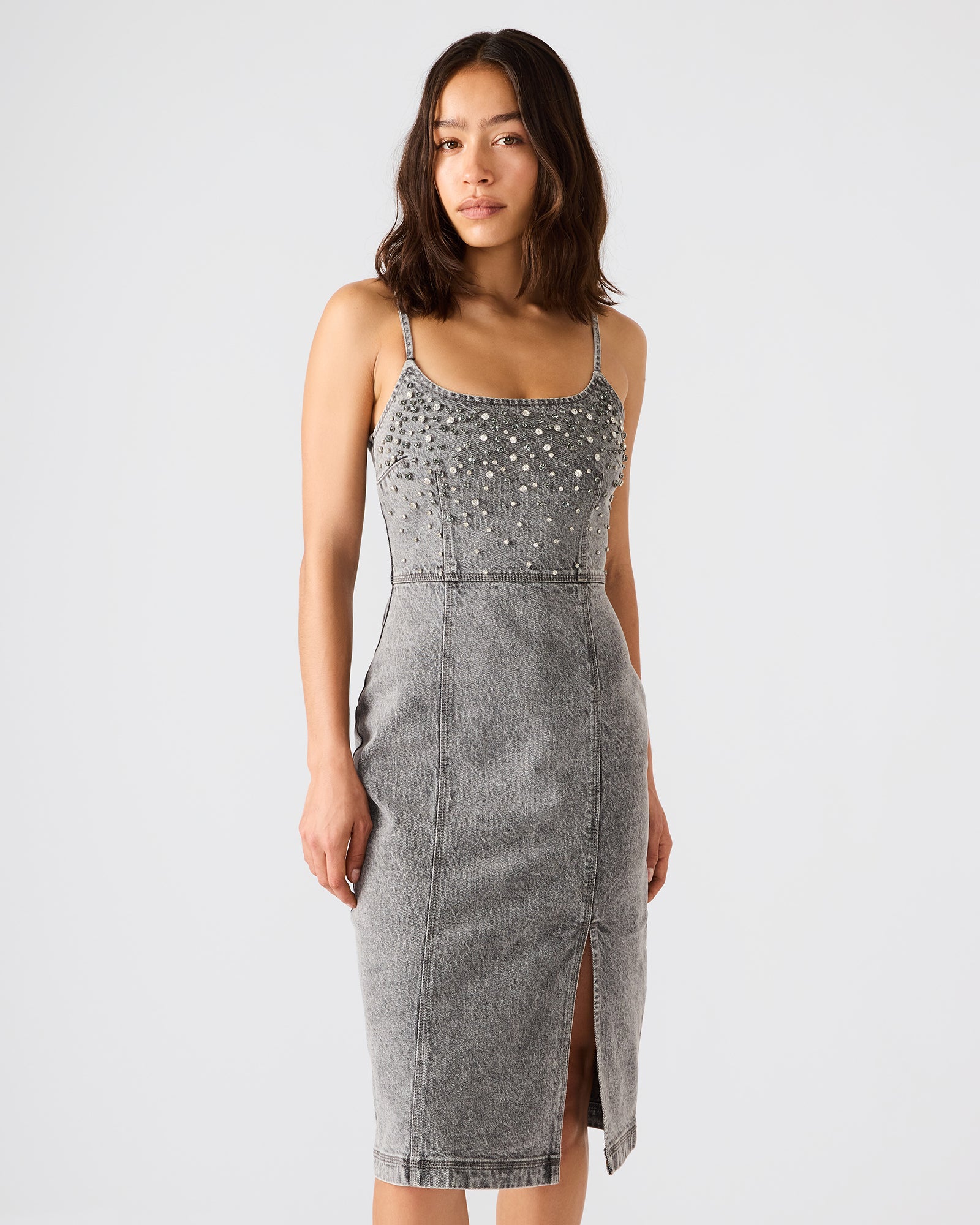 EMBELLISHED GISELLE Fog Denim Midi Women's Dress with Slit – Steve Madden EMBELLISHED GISELLE Fog Denim Midi Women's Dress with Slit – Steve Madden