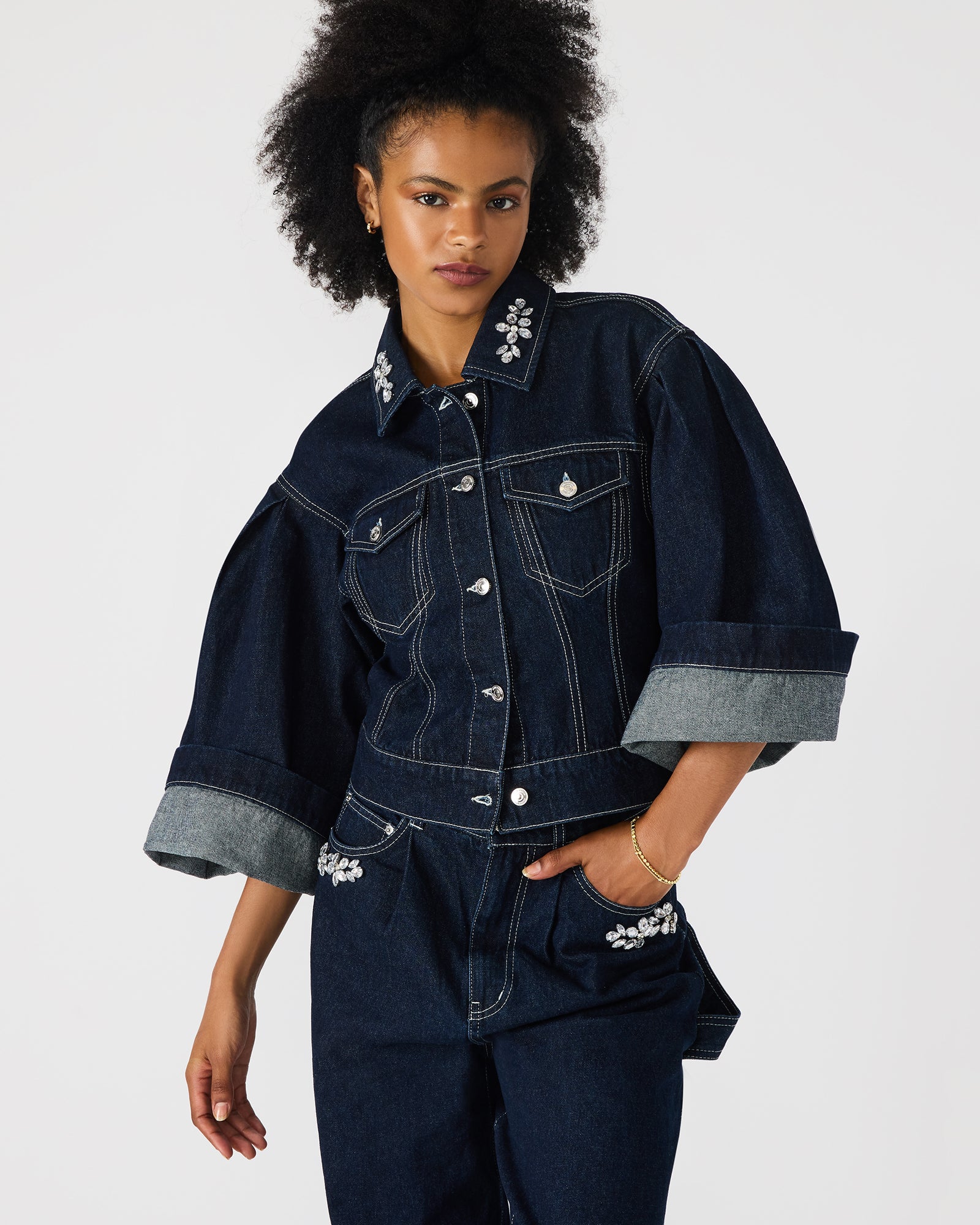 DOROTHY Bijou Blue Button-Up Denim Embellished Women's Jacket | Steve Madden