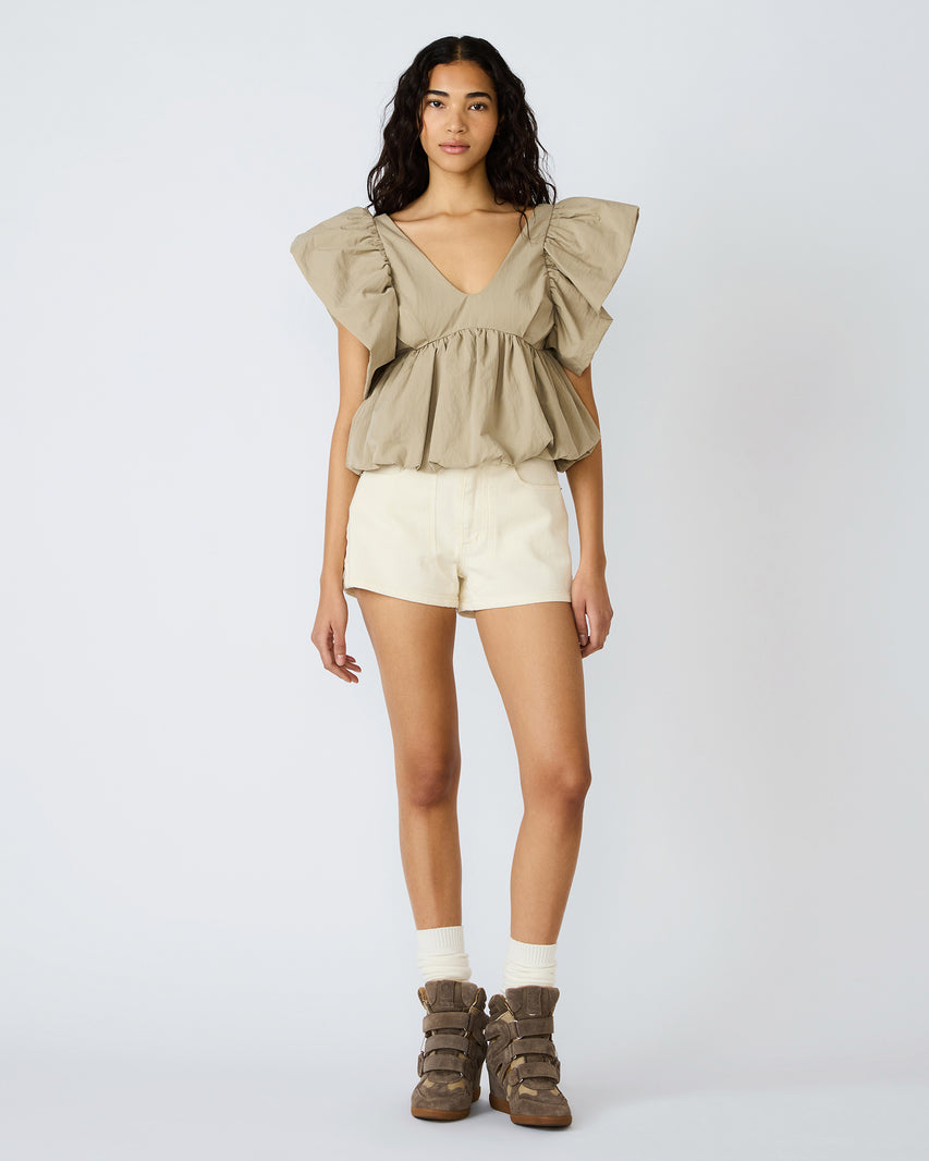 SASKYA Khaki Peplum Ruffle V-Neckline Women's Top | Steve Madden