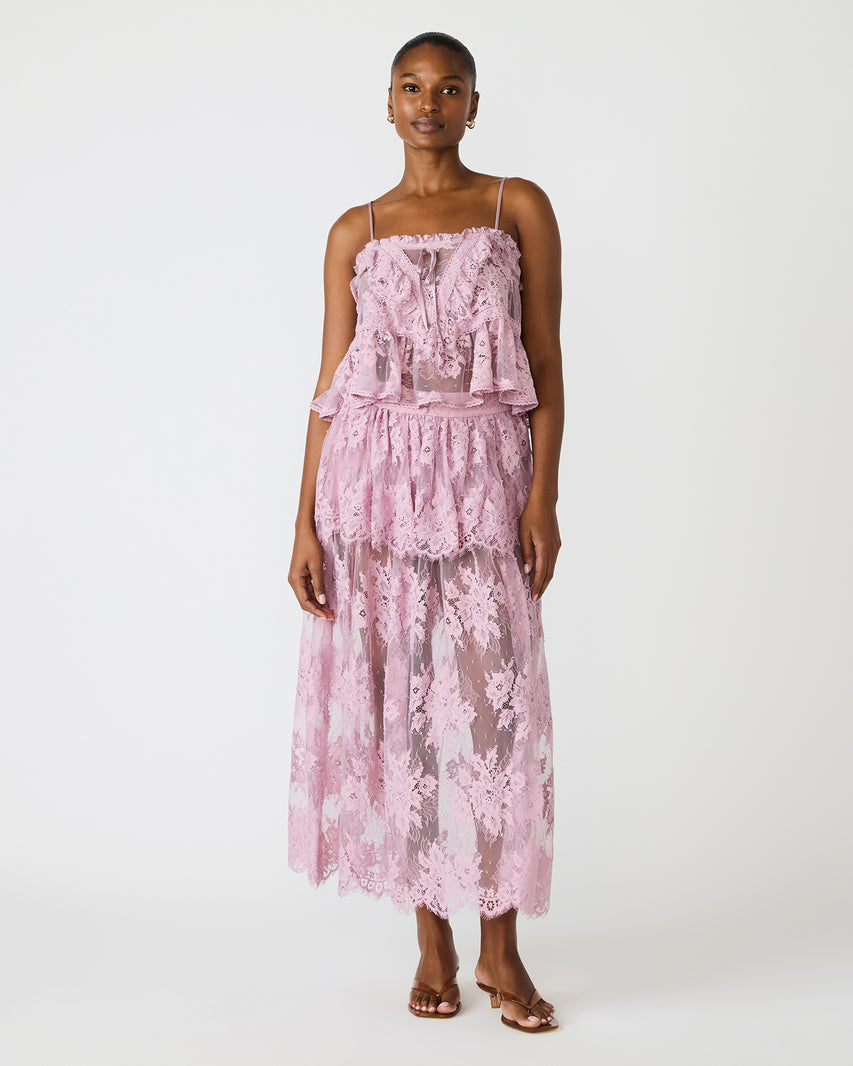 ARIETTY Mauve Shadows Lace Mesh Ruffles Bow Women's Top | Steve Madden