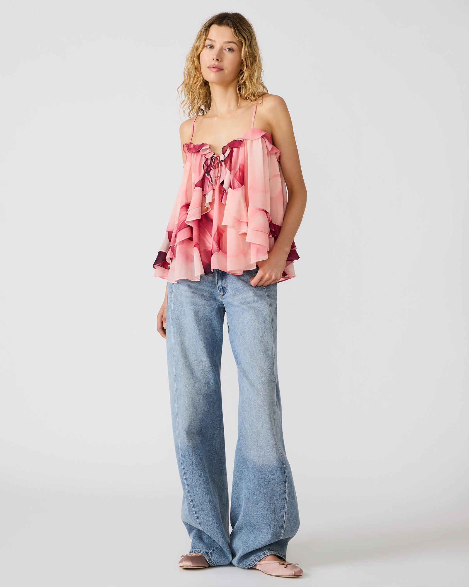 RHIANON Coral Cloud Flowy Ruffles Women's Top | Steve Madden