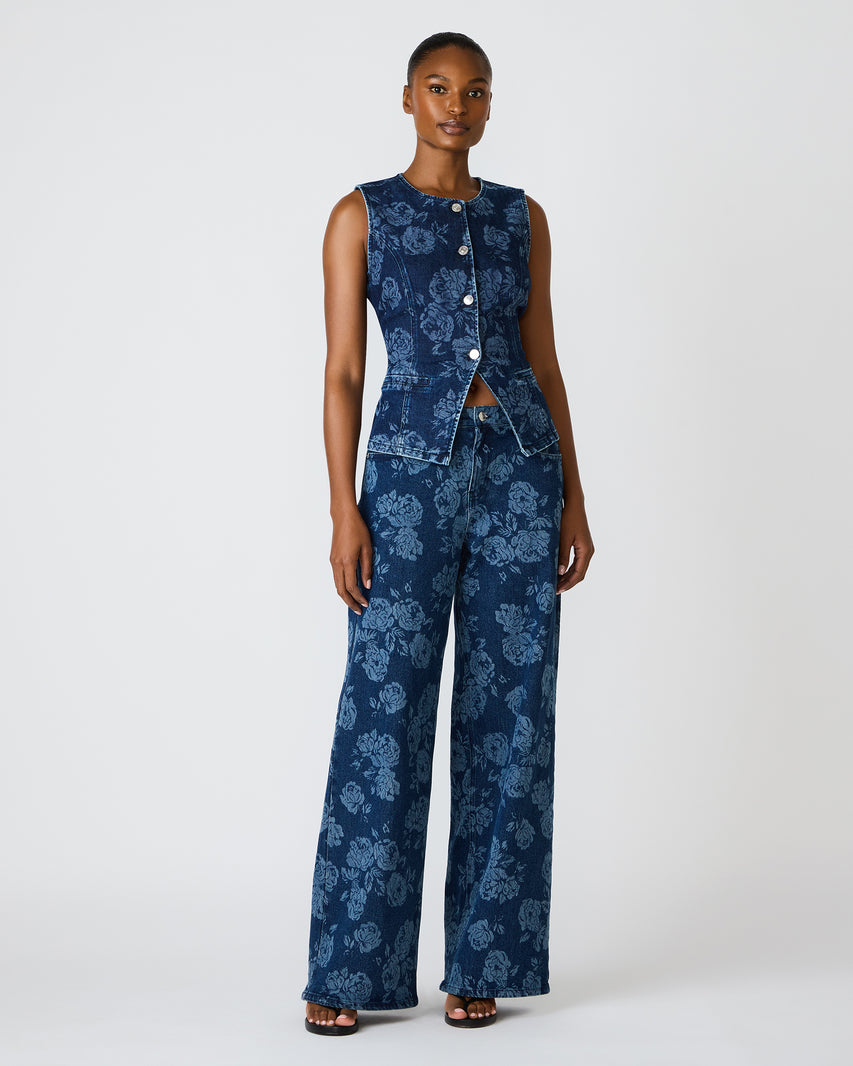 WESLEY Rose Frost Floral Print Button-Up Denim Vest Women's Top | Steve Madden