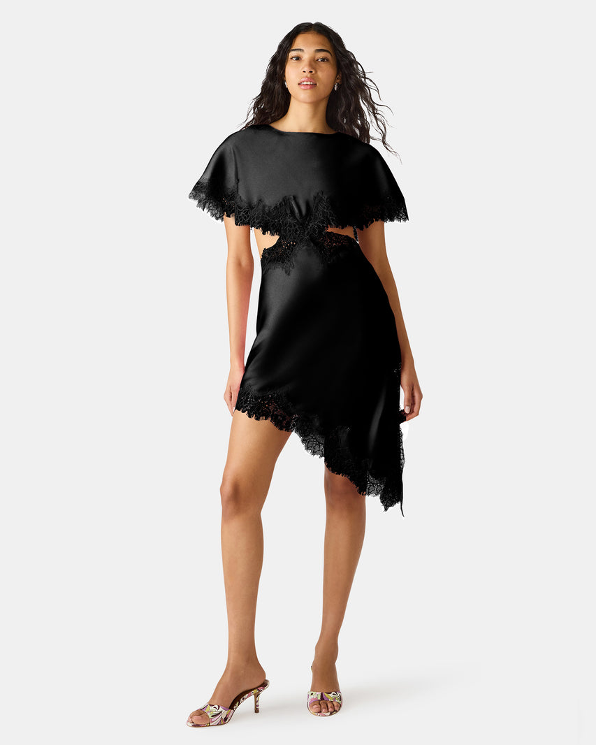 MAYCI Black Lace Trim Asymmetrical Women's Dress | Steve Madden