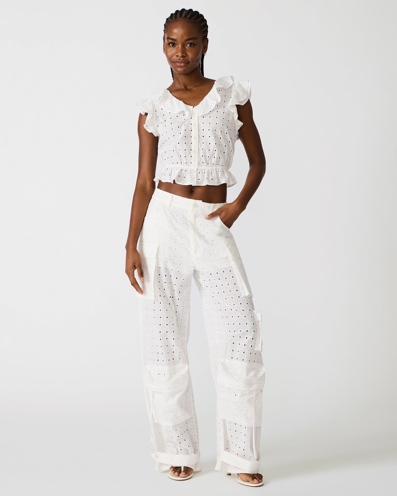 MAYRA White Button-Up Eyelet Ruffles Set Women's Top – Steve Madden